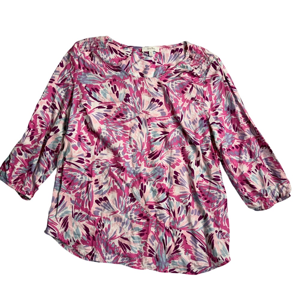 Coral Bay Womens‎ XL Pink Purple Floral Smocked Neck 3/4 Sleeve Top Linen Rayon